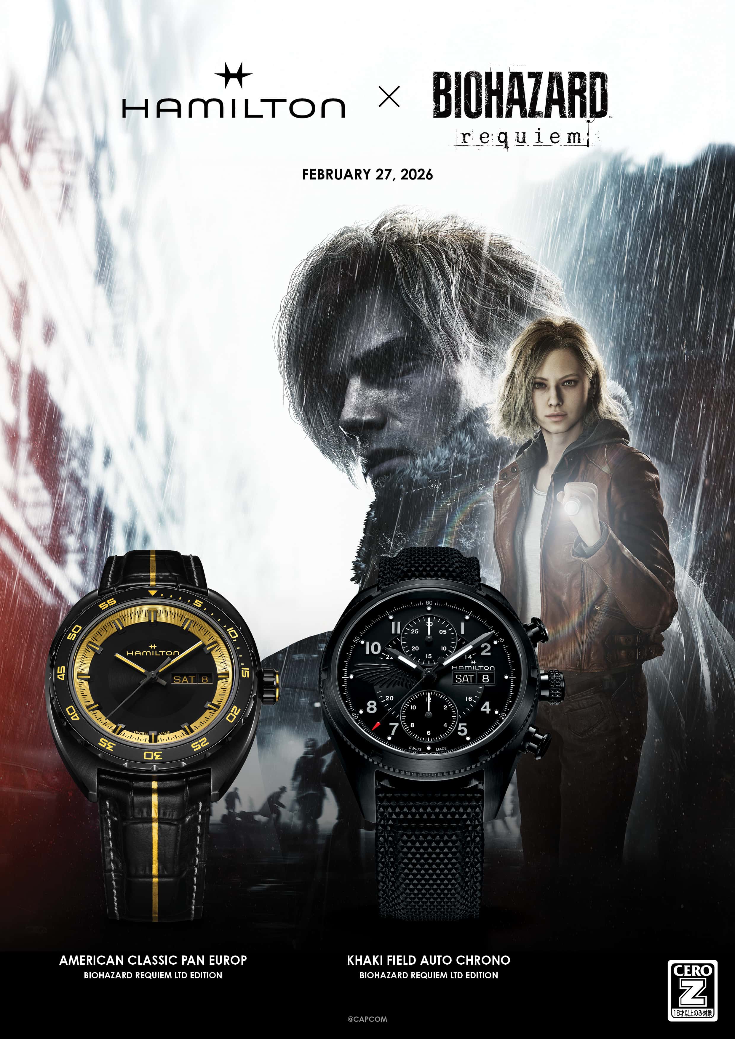 ハミルトンはストーリー性豊かな2つのタイムピースとともに『バイオハザード レクイエム』の世界へ踏み込んでいきます